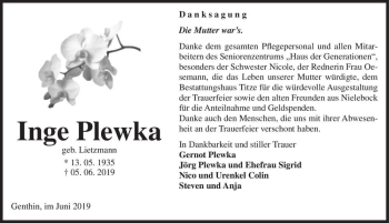 Traueranzeige von Inge Plewka (geb. Lietzmann)  von Magdeburger Volksstimme