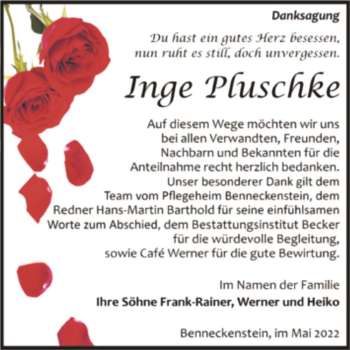 Traueranzeige von Inge Pluschke  von Magdeburger Volksstimme
