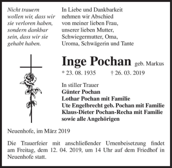 Traueranzeige von Inge Pochan (geb. Markus)  von Magdeburger Volksstimme