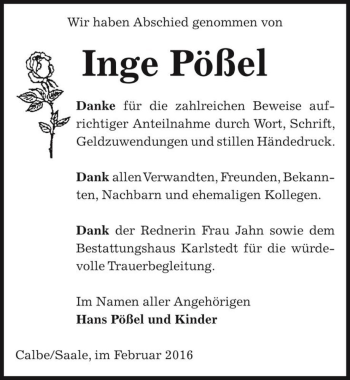 Traueranzeige von Inge Pößel  von Magdeburger Volksstimme