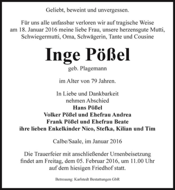 Traueranzeige von Inge Pößel (geb. Plagemann)  von Magdeburger Volksstimme