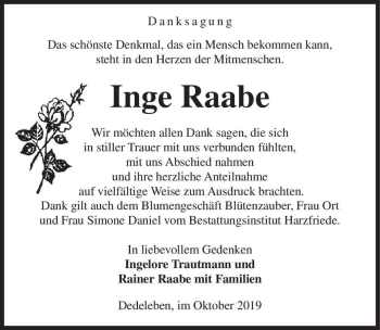 Traueranzeige von Inge Raabe  von Magdeburger Volksstimme