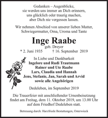 Traueranzeige von Inge Raabe (geb. Dreyer)  von Magdeburger Volksstimme