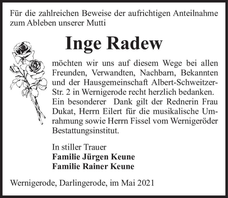  Traueranzeige für Inge Radew  vom 21.05.2021 aus Magdeburger Volksstimme