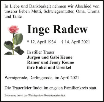 Traueranzeige von Inge Radew  von Magdeburger Volksstimme
