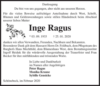 Traueranzeige von Inge Ragus  von Magdeburger Volksstimme