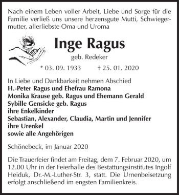 Traueranzeige von Inge Ragus (geb. Redeker)  von Magdeburger Volksstimme