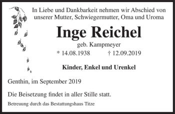 Traueranzeige von Inge Reichel (geb. Kampmeyer)  von Magdeburger Volksstimme