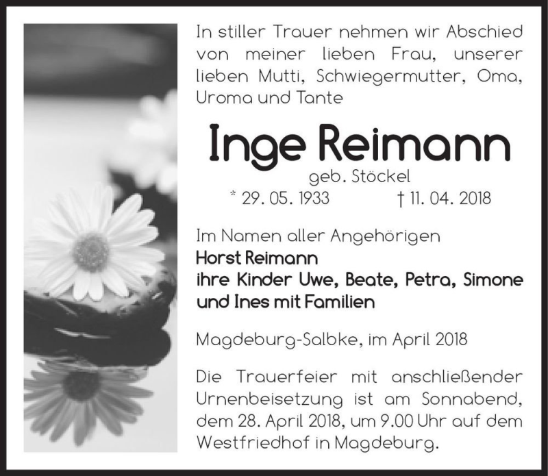  Traueranzeige für Inge Reimann (geb. Stöckel)  vom 21.04.2018 aus Magdeburger Volksstimme