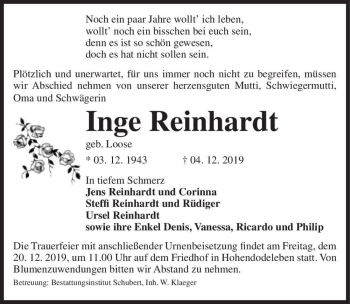 Traueranzeige von Inge Reinhardt (geb. Loose)  von Magdeburger Volksstimme