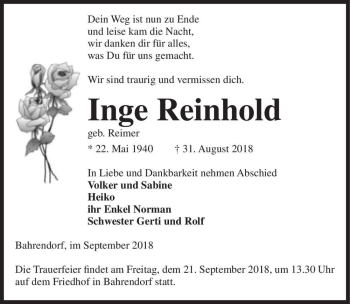 Traueranzeige von Inge Reinhold (geb. Reimer)  von Magdeburger Volksstimme