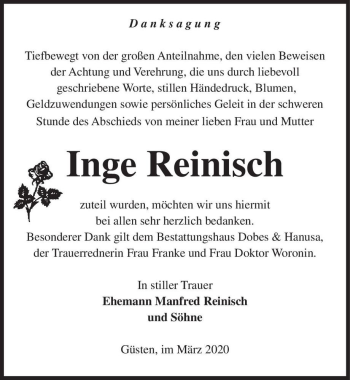 Traueranzeige von Inge Reinisch  von Magdeburger Volksstimme