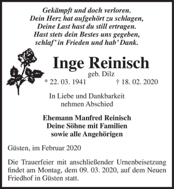 Traueranzeige von Inge Reinisch (geb. Dilz)  von Magdeburger Volksstimme