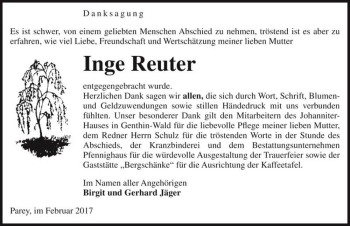 Traueranzeige von Inge Reuter  von Magdeburger Volksstimme