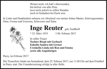 Traueranzeige von Inge Reuter (geb. Graßhoff)  von Magdeburger Volksstimme