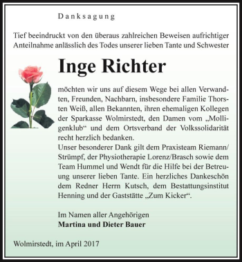 Traueranzeige von Inge Richter  von Magdeburger Volksstimme