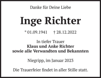 Traueranzeige von Inge Richter  von Magdeburger Volksstimme