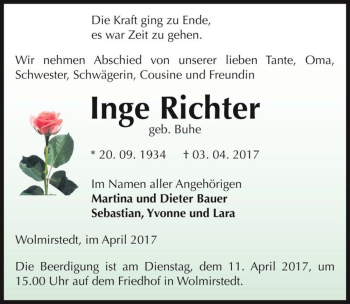 Traueranzeige von Inge Richter (geb. Buhe)  von Magdeburger Volksstimme