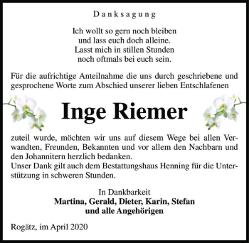 Traueranzeige von Inge Riemer  von Magdeburger Volksstimme