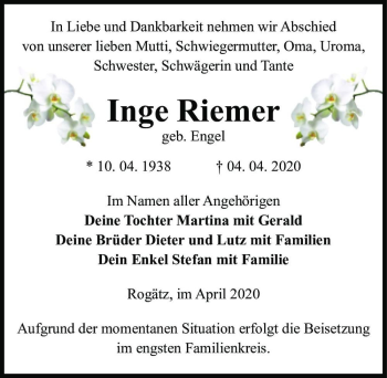 Traueranzeige von Inge Riemer (geb. Engel)  von Magdeburger Volksstimme