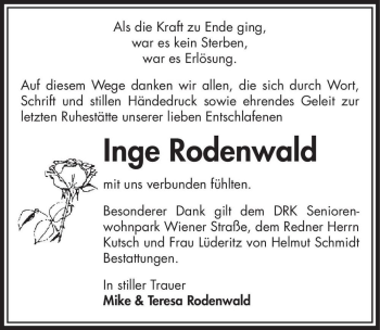 Traueranzeige von Inge Rodenwald  von Magdeburger Volksstimme