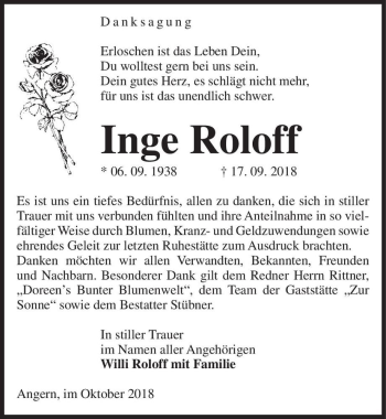 Traueranzeige von Inge Roloff  von Magdeburger Volksstimme