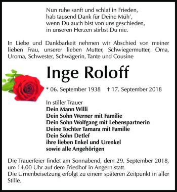 Traueranzeige von Inge Roloff  von Magdeburger Volksstimme