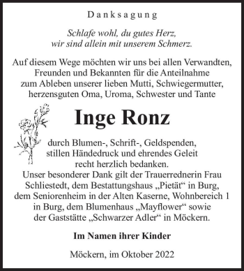 Traueranzeige von Inge Ronz  von Magdeburger Volksstimme