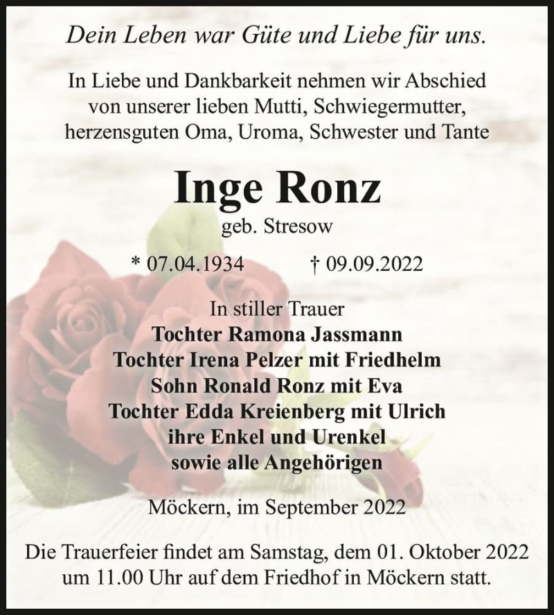  Traueranzeige für Inge Ronz (geb. Stresow)  vom 17.09.2022 aus Magdeburger Volksstimme