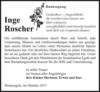 Traueranzeige von Inge Roscher  von Magdeburger Volksstimme