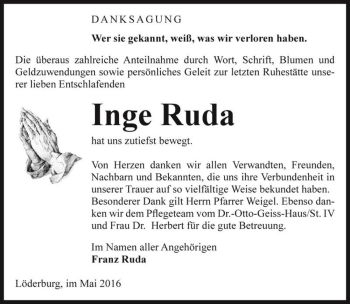 Traueranzeige von Inge Ruda  von Magdeburger Volksstimme