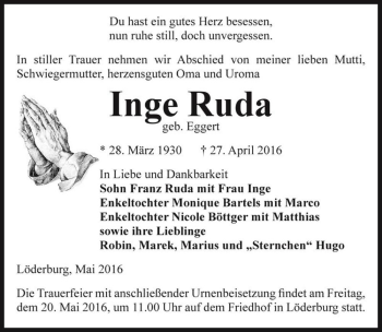 Traueranzeige von Inge Ruda (geb. Eggert)  von Magdeburger Volksstimme