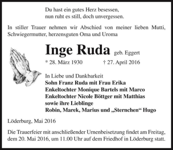 Traueranzeige von Inge Ruda (geb. Eggert)  von Magdeburger Volksstimme
