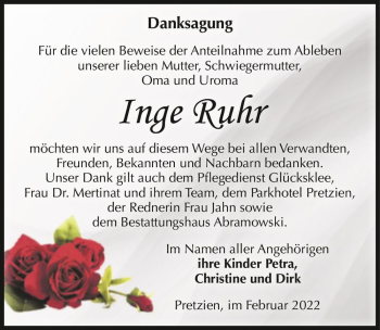 Traueranzeige von Inge Ruhr  von Magdeburger Volksstimme