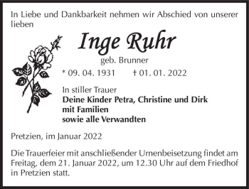 Traueranzeige von Inge Ruhr (geb. Brunne)  von Magdeburger Volksstimme