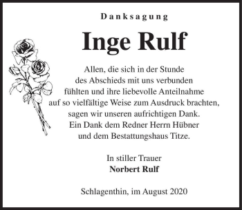 Traueranzeige von Inge Rulf  von Magdeburger Volksstimme