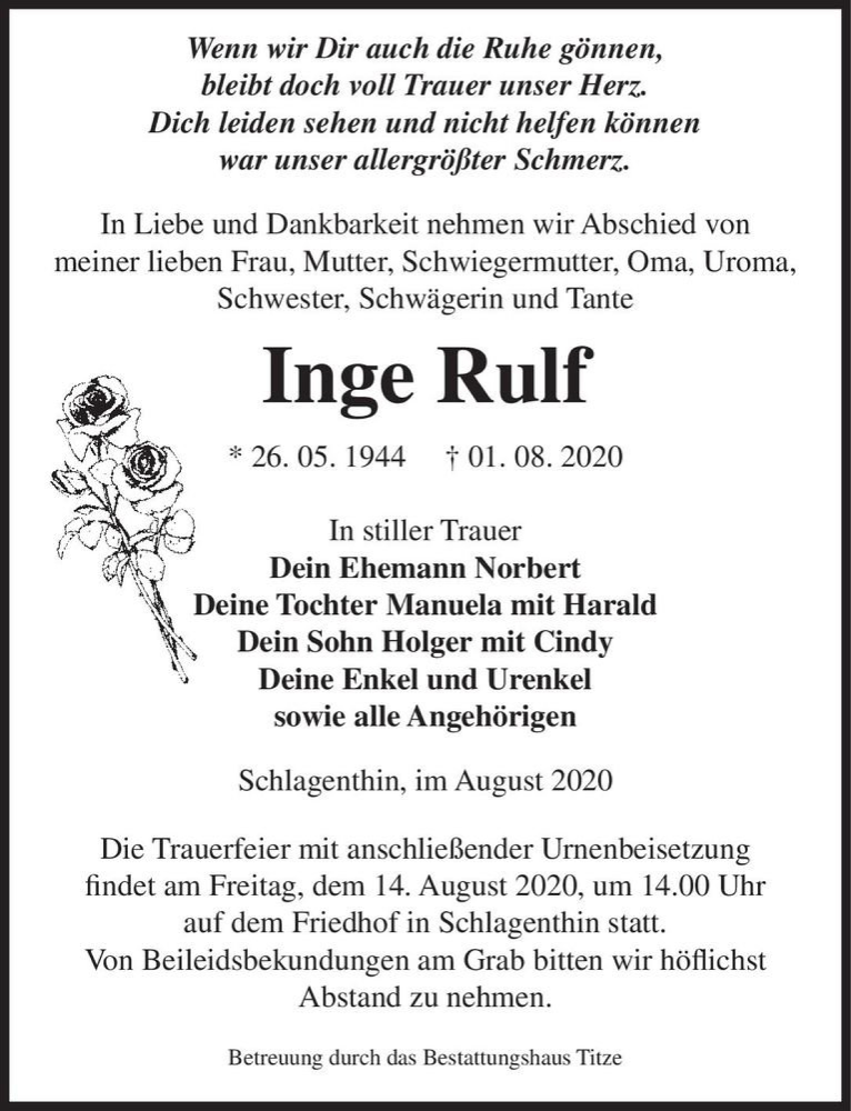  Traueranzeige für Inge Rulf  vom 08.08.2020 aus Magdeburger Volksstimme