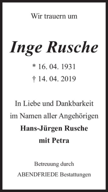 Traueranzeige von Inge Rusche  von Magdeburger Volksstimme