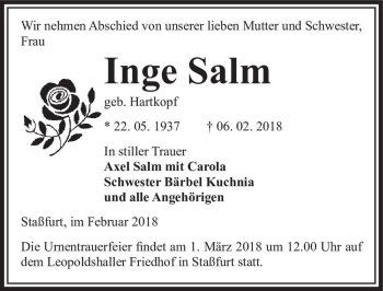 Traueranzeige von Inge Salm (geb. Hartkopf)  von Magdeburger Volksstimme