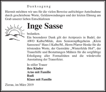 Traueranzeige von Inge Sasse  von Magdeburger Volksstimme
