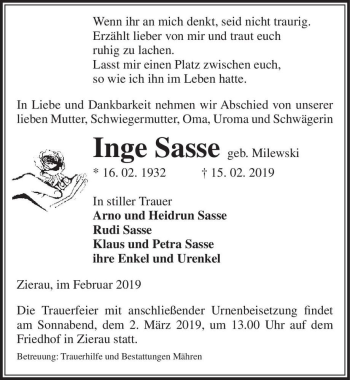 Traueranzeige von Inge Sasse (geb. Milewski)  von Magdeburger Volksstimme