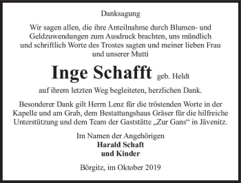 Traueranzeige von Inge Schafft (geb. Heldt)  von Magdeburger Volksstimme
