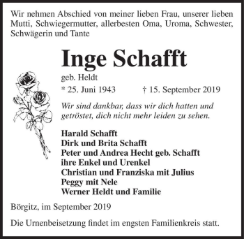 Traueranzeige von Inge Schafft (geb. Heldt)  von Magdeburger Volksstimme