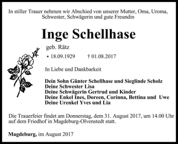 Traueranzeige von Inge Schellhase (geb. Rätz)  von Magdeburger Volksstimme