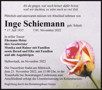 Traueranzeige von Inge Schiemann (geb. Schulz)  von Magdeburger Volksstimme