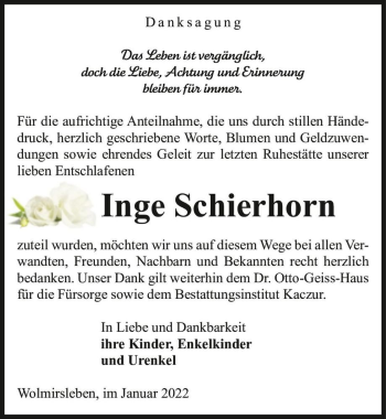 Traueranzeige von Inge Schierhorn  von Magdeburger Volksstimme