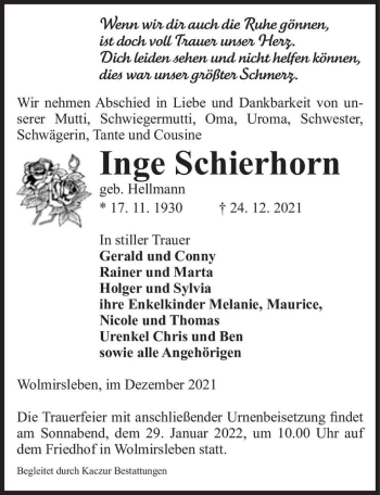 Traueranzeige von Inge Schierhorn (geb. Hellmann)  von Magdeburger Volksstimme