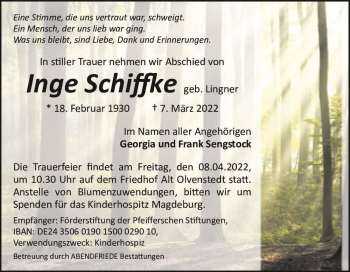 Traueranzeige von Inge Schiffke (geb. Lingner)  von Magdeburger Volksstimme