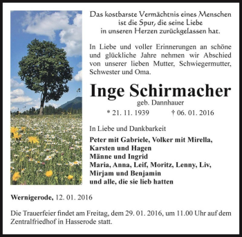 Traueranzeige von Inge Schirmacher (geb. Dannhauer)  von Magdeburger Volksstimme