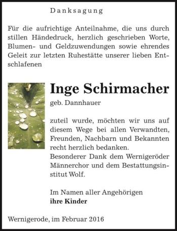 Traueranzeige von Inge Schirmacher (geb. Dannhauer)  von Magdeburger Volksstimme